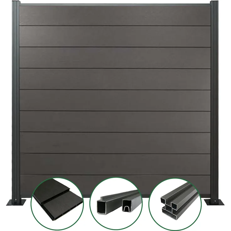 Woodstore24 WPC Sichtschutzzaun anthrazit, Komplettset mit 2 Zaun-Elementen und 3 Pfosten, 185 cm x 180 cm, wartungsfrei und wetterbeständig