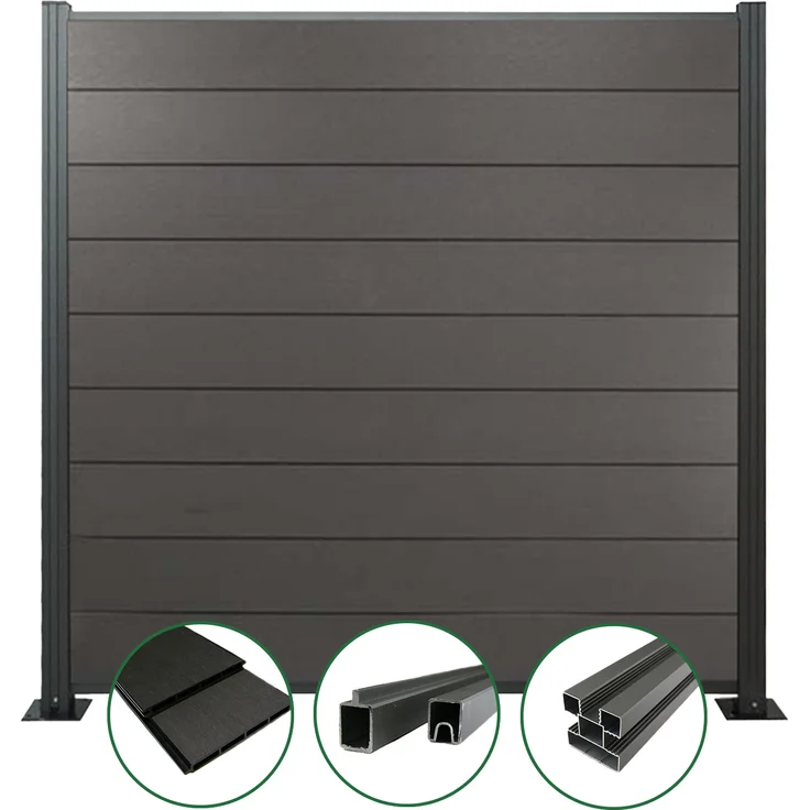 Woodstore24 WPC Sichtschutzzaun anthrazit, Komplettset mit 2 Zaun-Elementen und 3 Pfosten, 185 cm x 180 cm, wartungsfrei und wetterbeständig