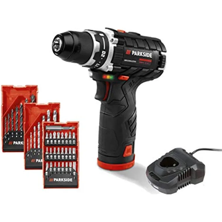 PARKSIDE Akku-Bohrschrauber PBSPA 12 A1, bürstenloser Motor, 2 Batterien, 39-teiliges Zubehörset, max. 30 Nm, 0-1400 U/min, mit Ladegerät und Tasche