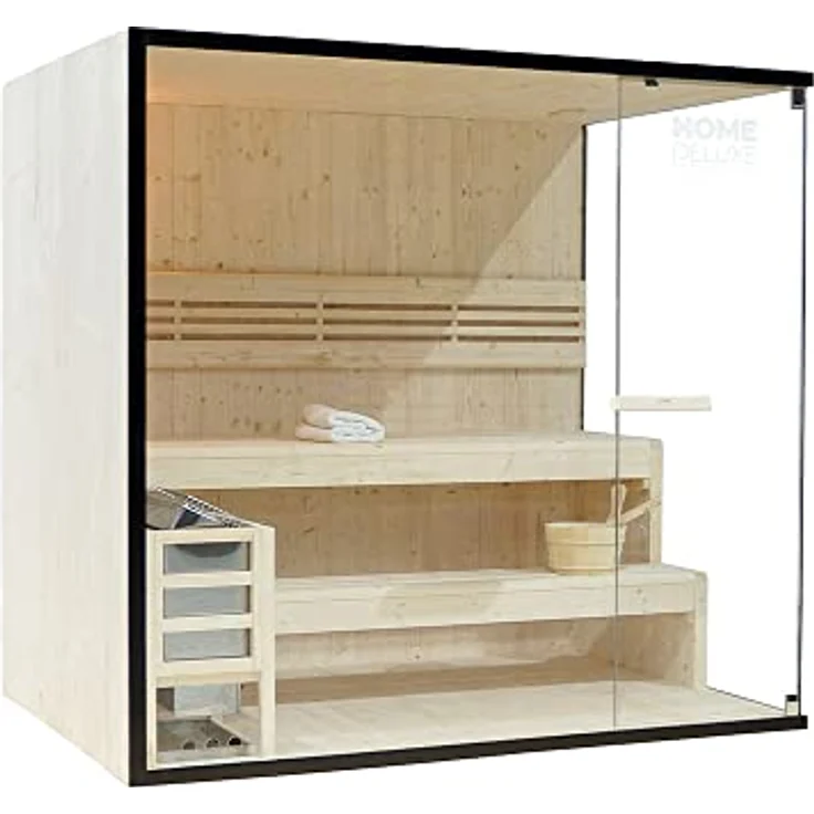 Home Deluxe - Traditionelle Sauna - Shadow XL - 200 x 150 x 190 cm - für 5 Personen - hochwertiges Fichtenholz, inkl. Saunaofen, Saunazubehör I Dampfsauna Aufgusssauna Finnische Sauna Bio Sauna – Bild 4