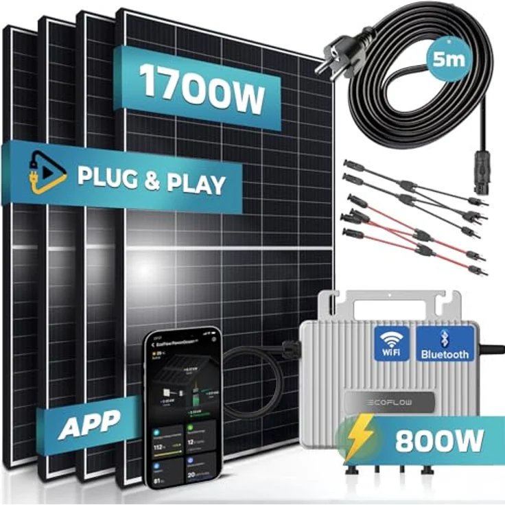 SUNNIVA® Balkonkraftwerk 1700/800W Solaranlage mit 800W Ecoflow Stream Wechselrichter, WIFI Bluetooth, 4 x 425W Solarmodule, upgradebar drosselbar – Bild 2