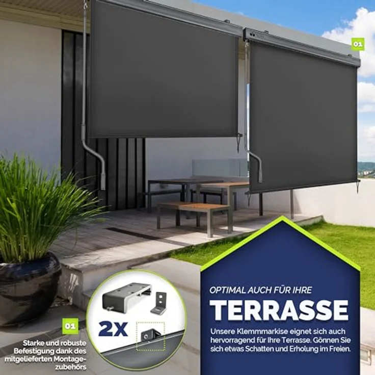 tillvex Senkrechtmarkise 160 x 250 cm für Außen- und Innenbereich | Aluminium Balkonrollo wasserfest mit Handkurbel | UV-Schutz 50+ | Grau – Bild 4