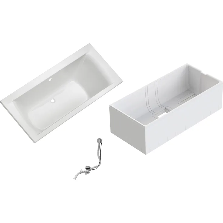 Ottofond Duo Wanne-Set 170 cm x 75 cm, Badewanne in Weiß mit Hartschaum-Wannenträger und Ab- und Überlaufgarnitur in Chrom