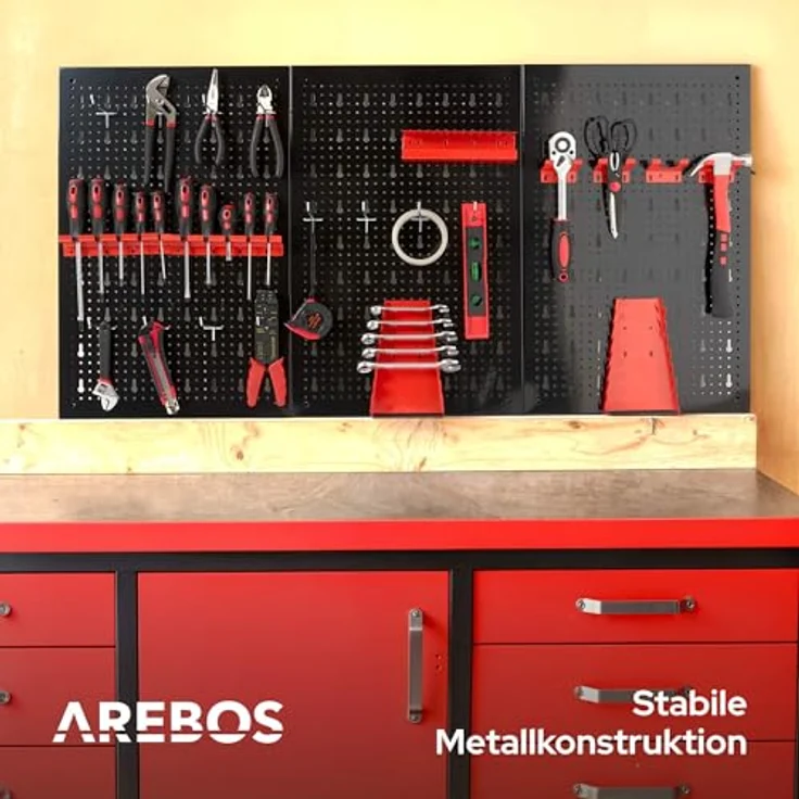 Arebos Werkzeugwand 3-teilige Lochwand Werkstatt, 17-teiliges Hakenset & Halterungen, stabile Metallkonstruktion 117,6 x 59,5 x 2 cm, rot – Bild 4