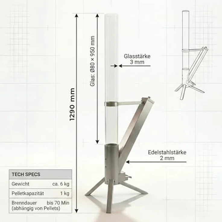 Albatros International Gartenkamin Pelletfackel Edelstahl mit Glasrohr, Rocket Stove System, effiziente Verbrennung bis 70 Minuten, inkl. Standfuß – Bild 2