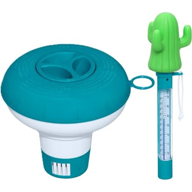 Bestway Poolzubehör-Set, schwimmendes Kaktus-Thermometer 25cm & Dosierschwimmer Ø 12,5cm, für Pooltemperatur & Chlordosierung, stylisch mit verstellbarer Dosieröffnung – Bild 1