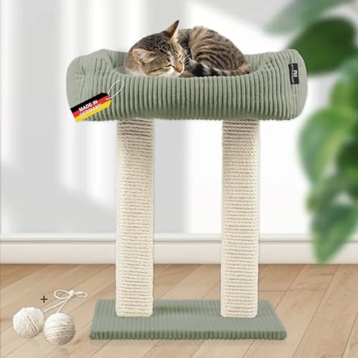 Rohrschneider Kratzbaum Katzenbaum Wolly 2 breite Kratzstämme mit Katzenbett Cordstoff, Made in Germany, versch. Farben