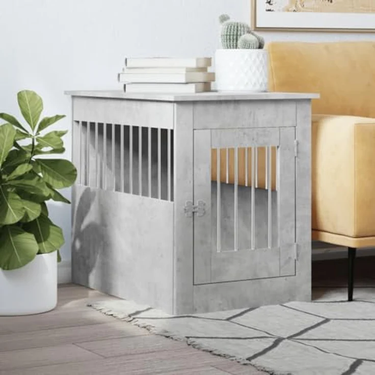 vidaXL Hundekäfig im Möbelstil, Abschließbar Hundebox mit Tür, Hundehütte Beistelltisch mit 2-in-1-Funktion, Hundehaus Haustierkäfig, Betongrau 55x80x68 cm Holzwerkstoff – Bild 2