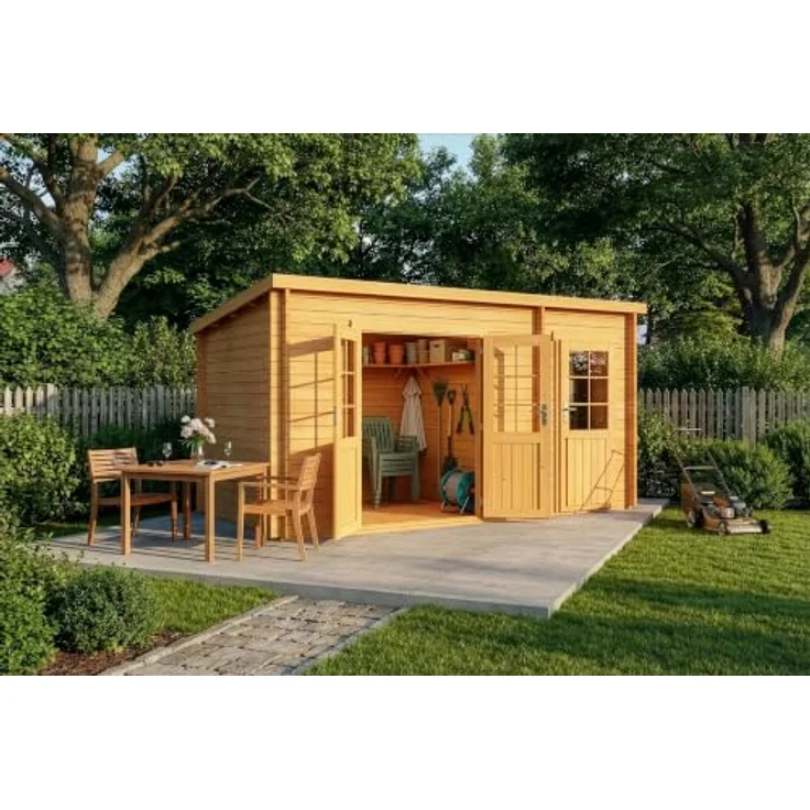 Alpholz Gartenhaus Holz Set Maria, Pultdach mit Anbau, BxT: 450x272 cm, imprägniert (Pinie), inkl. Fußboden & Dacheindeckung – Bild 1