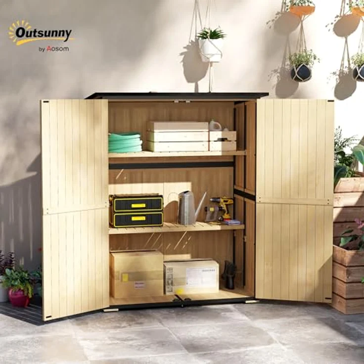 Outsunny Gartenschrank, Geräteschuppen aus Holz mit 2 Türen, wetterfest und abschließbar, Regale und Asphalt-Pultdach, 140 x 74 x 173 cm, Naturholz – Bild 2