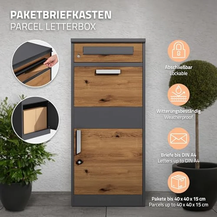ML DESIGN modern living Paketbriefkasten aus verzinktem Stahl in Anthrazit-Eiche Optik, abschließbar, geräumig für Pakete, mit extra Sicherheit – Bild 2