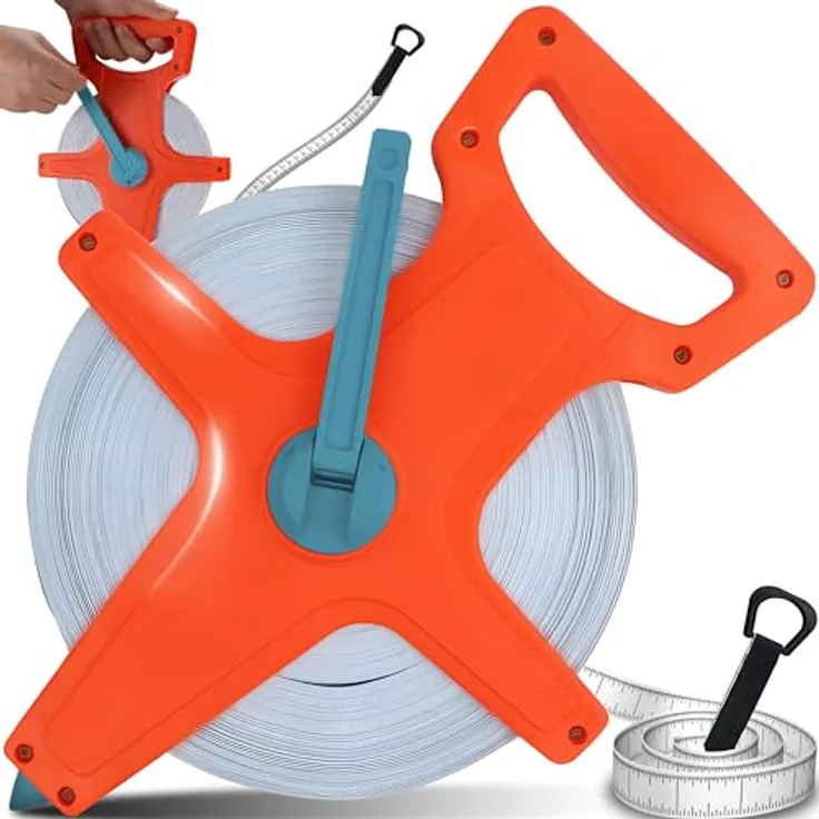 Retoo Maßband 50m, Rollbandmaß mit ausklappbarer Kurbel, ergonomischem Handgriff, Zoll- und Meter-Skala, Kunststoff gelb, beidseitig markiert