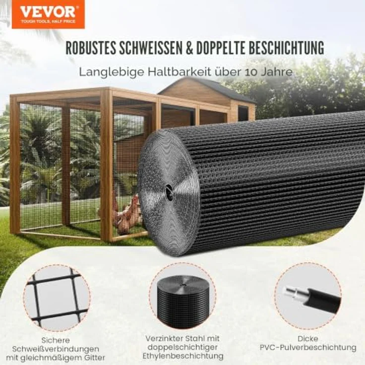 VEVOR Volierendraht 91 x 3048 cm, Vinylbeschichteter Drahtzaun mit 1,06 mm Drahtdurchmesser für Hühnerstallbarrieren, Kaninchen- und Schlangenzäune, Geflügelgehege, schwarz – Bild 2