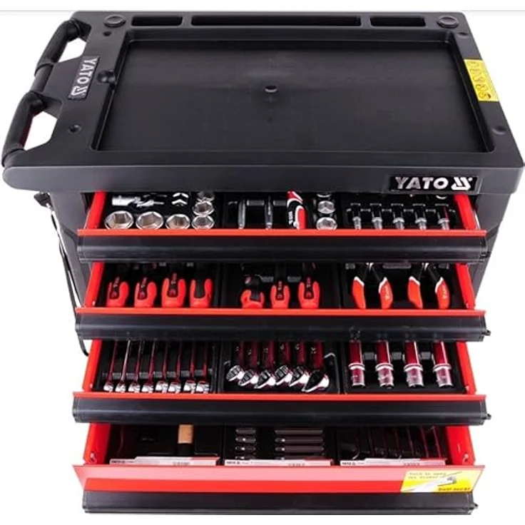YATO YT-5530 Werkzeugwagen aus Stahl, Schwarz-Rot, 6 Schubladen mit Teleskopschienen, Tragkraft bis 35 kg – Bild 3