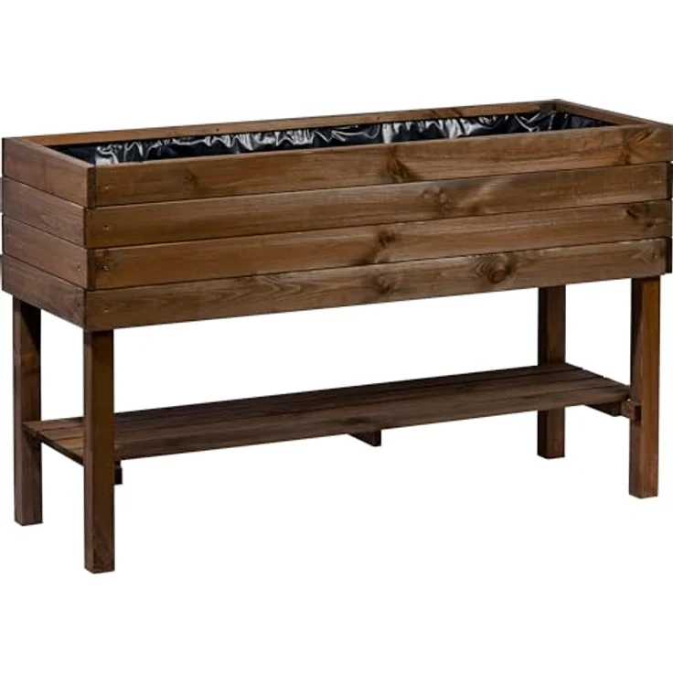 dobar® Großes Hochbeet Massivholz mit Ablage inklusive Pflanzfolie - Erhöhter Pflanzkasten 100 L - 117 x 40 x 80 cm - Dunkelbraun – Bild 3