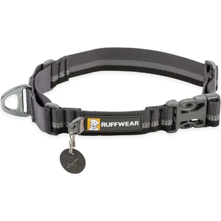 RUFFWEAR Web Reaction Hundehalsband, verstellbares Martingal-Halsband mit Aluminium-V-Ring und seitlicher Öffnung, bequemer Stoff, reflektierendes mit Schlauchlock-Gurtband Basalt Grey 17"-20"