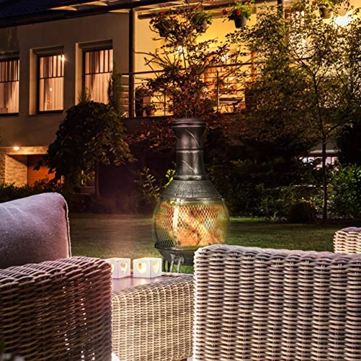 relaxdays Feuerschale Aztekenofen für Garten grau, Terrassenkamin mit Funkenschutz und Schürhaken – Bild 2