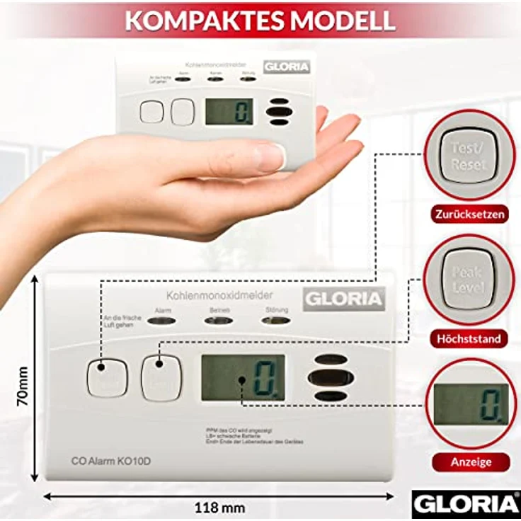 Gloria Gloria KO10D Kohlenmonoxid-Melder inkl. 10 Jahres-Batterie Gasmelder, mit Digitalanzeige und Ereignisspeicher – Bild 6