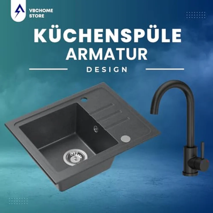 VBChome Spülbecken Granit Schwarz mit Armatur 55 x 44 cm Einzelbecken Einbauspüle Gesprenkelt Reversibel Granitspüle Siphon Waschbecken Armatur Schwarz Spülbecken mit Schwarz Matt Armatur – Bild 3