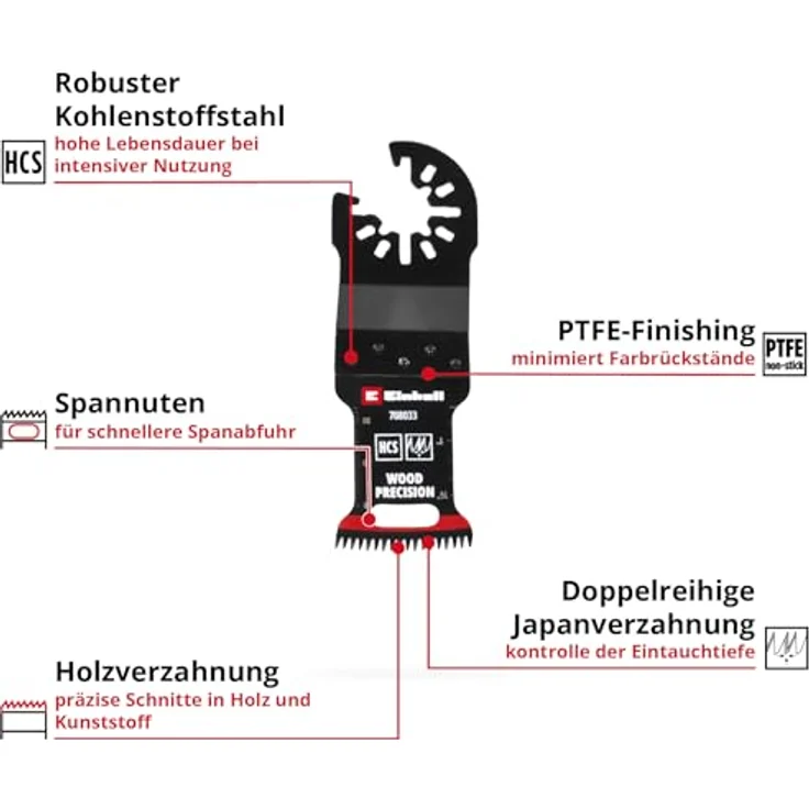 Einhell Tauchsägeblatt aus Kohlenstoffstahl, 32 mm Breite, 40 mm Eintauchtiefe, PTFE-Coating, Japanverzahnung, gekrümmte Schneide, Schnellwechselfunktion – Bild 2