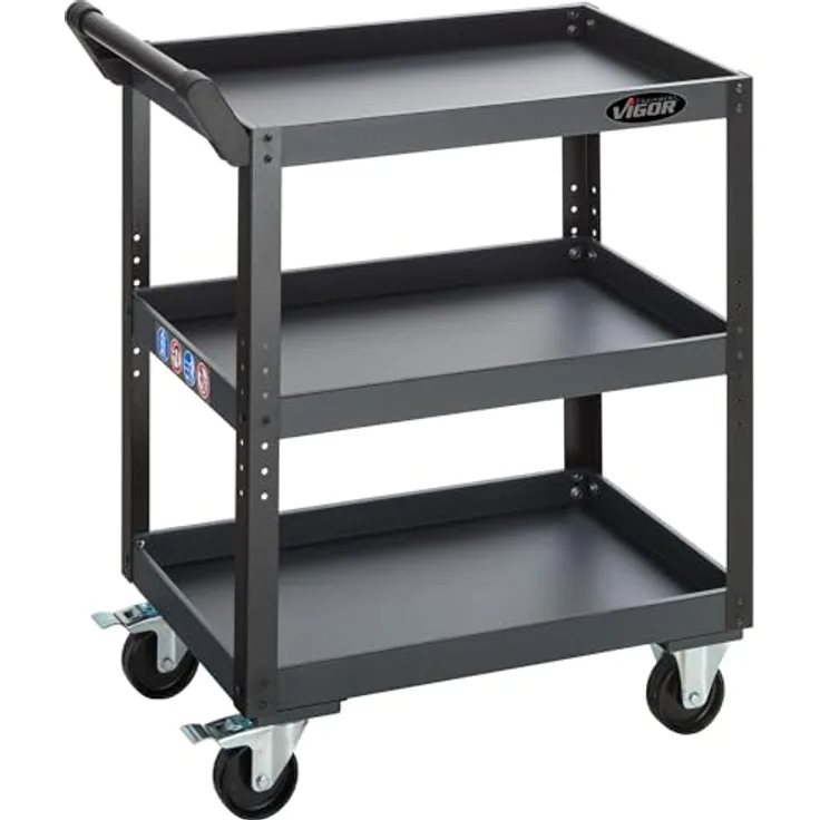 Vigor Servicewagen, stabiler Werkstattwagen aus Stahlblech, 3 Höhenverstellbare Böden, Tragkraft 120 kg, unbestückt