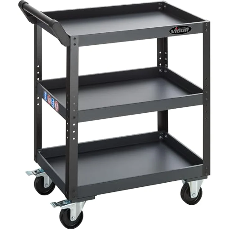 Vigor Servicewagen, stabiler Werkstattwagen aus Stahlblech, 3 Höhenverstellbare Böden, Tragkraft 120 kg, unbestückt – Bild 1