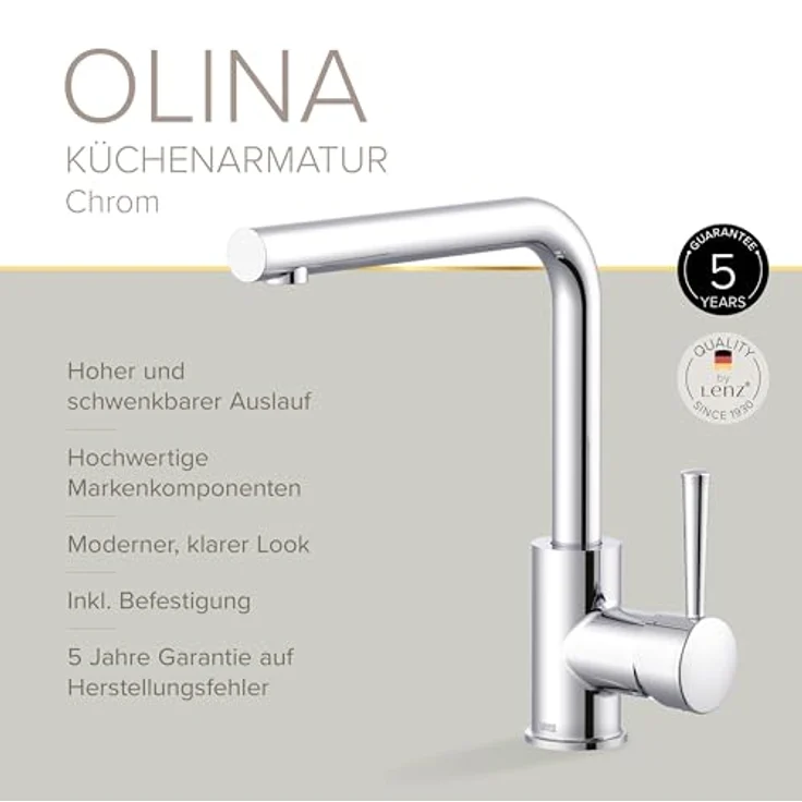 Lenz Küchenarmatur OLINA, Chrom, mit 360°-Schwenkfunktion und hohem L-Auslauf – Bild 4