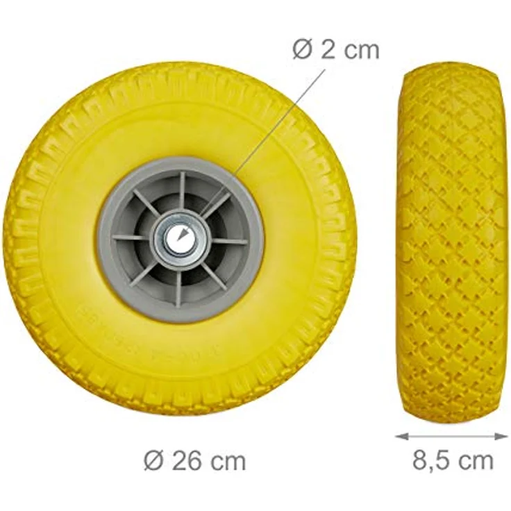 4 x Sackkarrenrad, pannensichere Vollgummireifen, 3.00-4 Zoll, 20mm Achse, bis 80 kg, 260 x 85 mm, Ersatzrad, gelb-grau – Bild 4