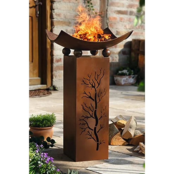 Dekoleidenschaft Metall Deko Säule + Feuerschale, 75cm hoch, in Rost Optik, Garten Lagerfeuer Feuerstelle – Bild 2