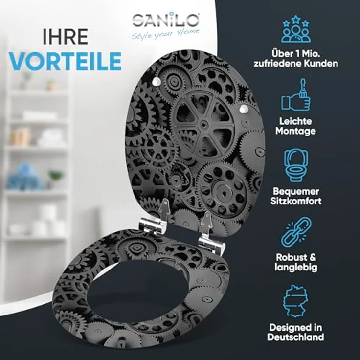Sanilo WC Sitz Gears, Absenkautomatik aus hochwertigem Holz, pflegeleicht und antibakteriell, für alle handelsüblichen WC-Becken – Bild 2