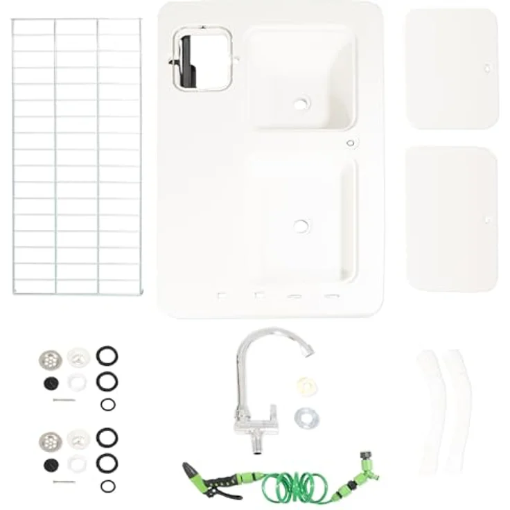 Lemodo Kunststoffspüle Filetiertisch klappbar mit zwei Becken und Abdeckungen, 101/65.5 cm, weiß, robustes Material, wetterbeständig, Outdoor-Spüle, Multifunktionswaschtisch - Preisvergleich – Bild 6