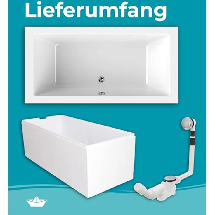 Calmwaters Rechteck Badewanne Komplettset 190x90 cm mit Wannenträger & Ablaufgarnitur, Duo-Badewanne für 2, Set Acryl-Badewanne komplett, Modern – Bild 9
