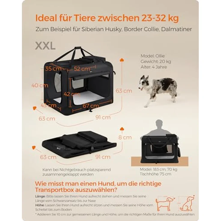 Feandrea Hundebox faltbar, Transportbox Hund, XXL, atmungsaktiv tragbar, schwarz – Bild 5
