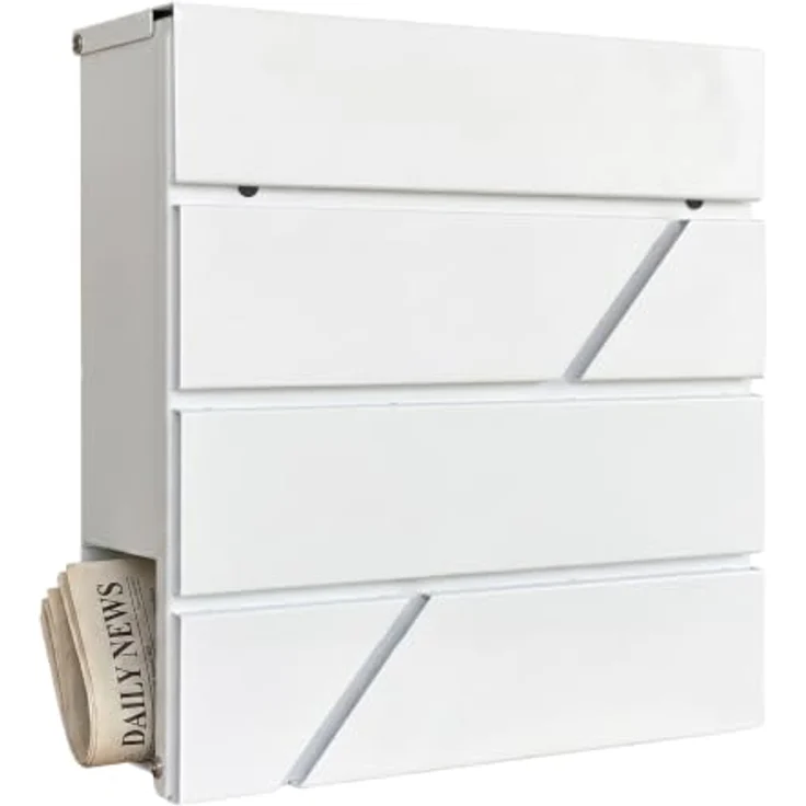 relaxdays Wandbriefkasten Metall mit Zeitungsfach und Zylinderschloss, weiß – Bild 1