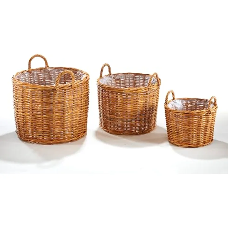 Kobolo Rattanübertopf Pflanzkorb Übertopf – Rattan lacak – rund - mit Folie - 3er Set