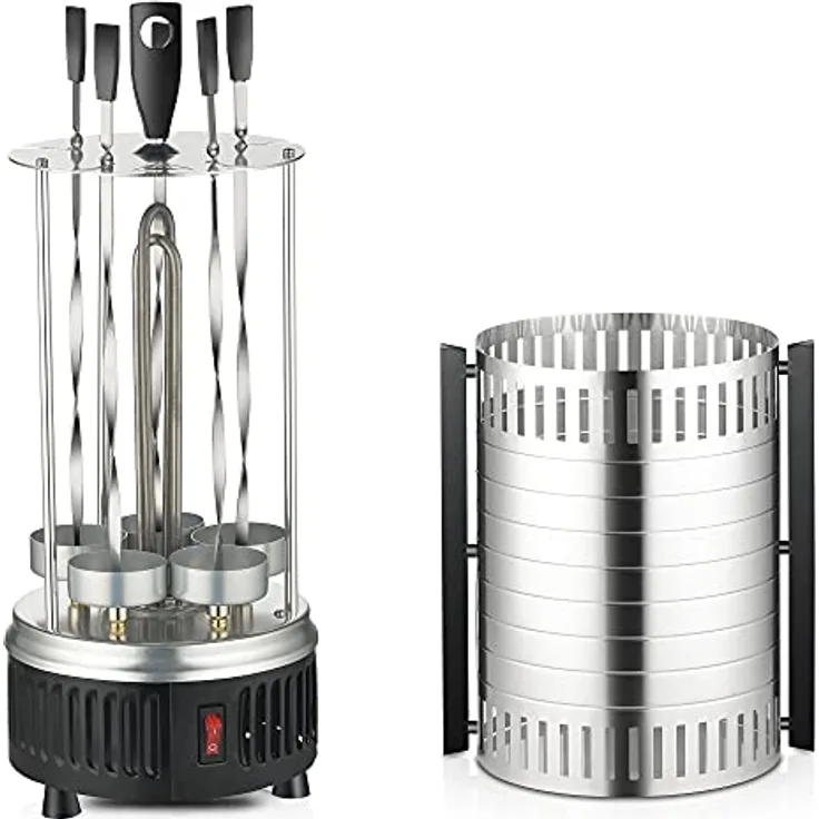 @tec Vertikaler Edelstahl Elektro-Tischgrill inkl. 5 Spieße, BBQ Vertikalgrill Rundgrill für Schaschlik-, Fleisch-, Garnelen-, Gyrosspieße Dreh-Grill Heizmodul mit Schutzgitter, 900W