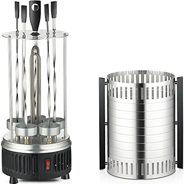 @tec Vertikaler Edelstahl Elektro-Tischgrill inkl. 5 Spieße, BBQ Vertikalgrill Rundgrill für Schaschlik-, Fleisch-, Garnelen-, Gyrosspieße Dreh-Grill Heizmodul mit Schutzgitter, 900W – Bild 1