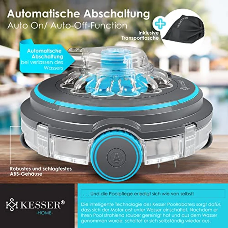 KESSER® Poolroboter Poolreiniger Akku Aqua-9000 inkl. Transporttasche Pool Roboter für bis 80m² Pools, Li-Ion Akku max. 75 min, Kabellos Poolsauger Bodenreinigung Vollautomatisch Bodensauger Anthrazit – Bild 6