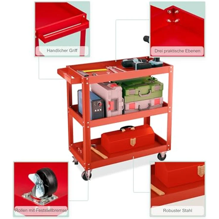 relaxdays Werkstattwagen mit 3 Ebene, max. Traglast 100 kg, Stahlkonstruktion, Rot – Bild 6