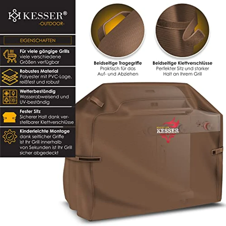 KESSER Premium BBQ Grillabdeckung Gasgrill Grillhaube Abdeckung Wetterfest - für Weber, Brinkmann, Char Broil Grill Abdeckhaube Schutzhülle 600D Oxford- Gewebe Reißfest Braun, 147 x 61 x 122 cm (BxTxH) – Bild 2
