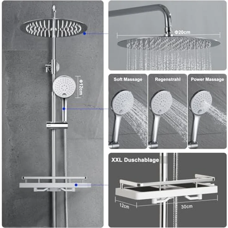 JOHO Edelstahl Duschsystem mit 20 cm Regendusche ohne Armatur, hochverstellbare Duschstange und Handbrause mit 3 Strahlarten, Chrom – Bild 3