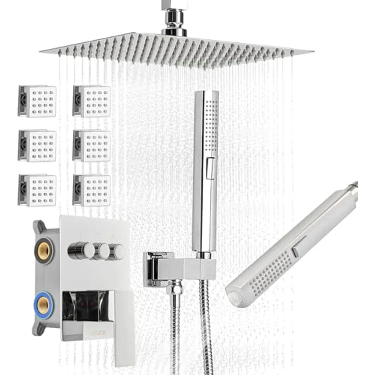 VEVOR Duschsystem-Set, 10 Zoll Regenduschsystem mit 6 Körperbrausen, 2 in 1 Handbrause, Messingventil und Chrom-Verkleidung – Bild 1