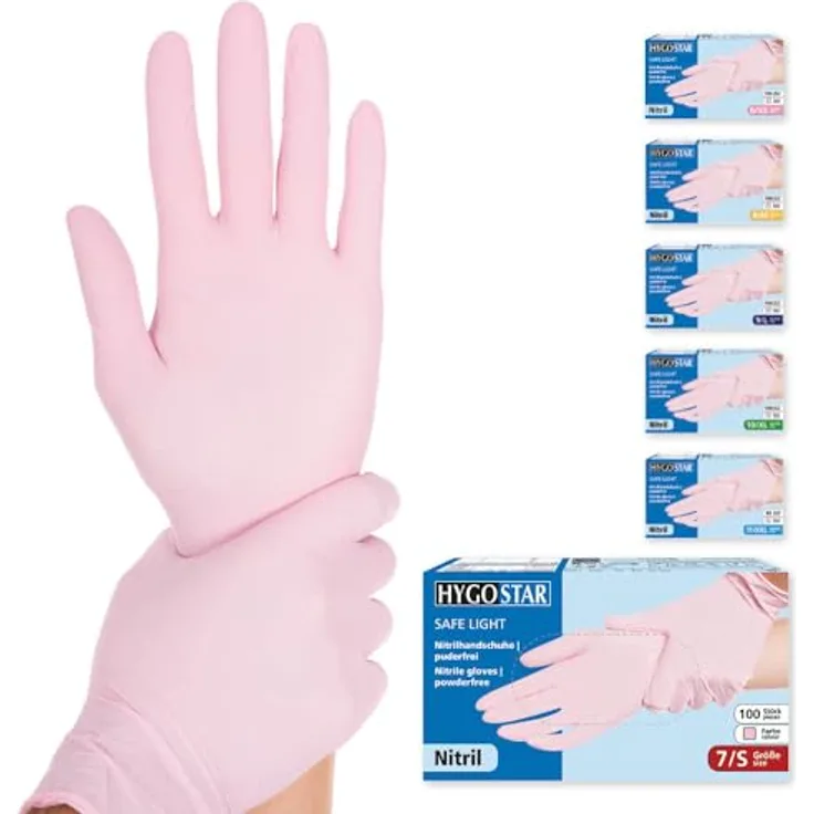 FRANZ MENSCH Hygostar Nitrilhandschuhe Safe Light | puderfrei, rosa, 7/S, 24cm, 100 Stück, Einweghandschuhe