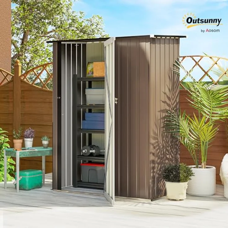 Outsunny Metall Gerätehaus 1,07 m² mit Pultdach, abschließbare Tür, wetterfest, braun, für Garten und Outdoor – Bild 2