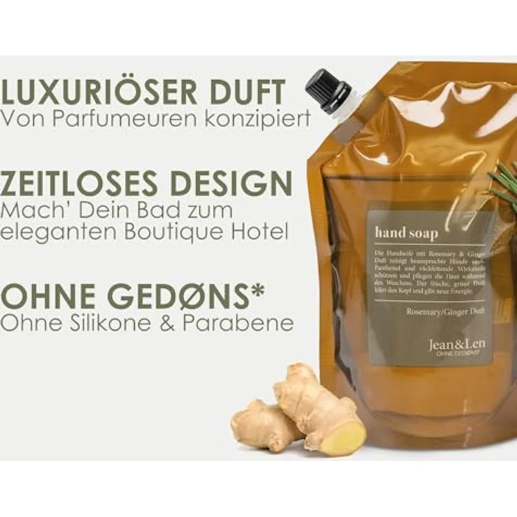 Jean & Len Handseife Rosemary & Ginger, 500 ml Flüssigseife im Nachfüllpack, ohne Parabene, Silikone & Mikroplastik, für beanspruchte Hände – Bild 2