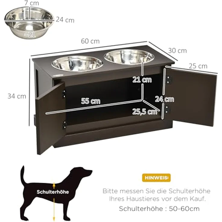 PawHut Hundenäpfe, Erhöhte Futterstation mit 2 Edelstahlschüsseln, Wassernapf mit 29,5L Stauraum, Hundenapfständer für Große Hunde, Kaffee – Bild 5