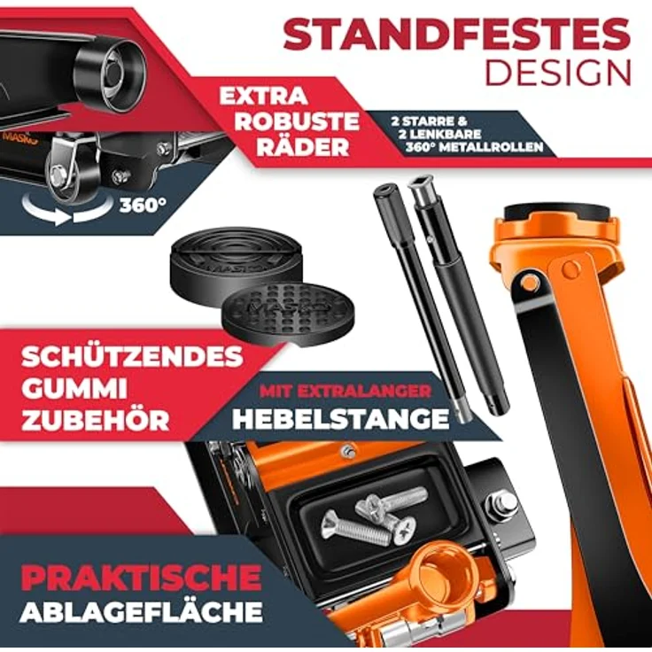 Masko Wagenheber hydraulisch 3 Tonnen Flache Hubhöhe + 2x Gummiauflage + Handschuhe KFZ Rangierwagenheber hydraulischer 360° Rollen Heber Unterstellbock – Bild 4