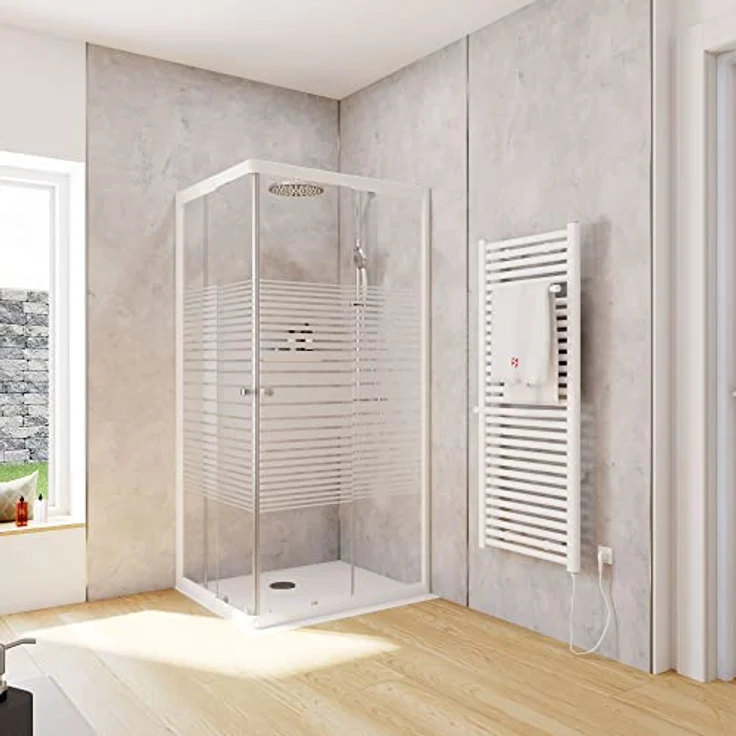 Schulte Duschkabine Corner Eckeinstieg, Schiebetüren, 4mm ESG Sicherheitsglas, Höhe: 180 cm, 75 x 90 cm, Alpinweiß, Dekor Querstreifen – Bild 1