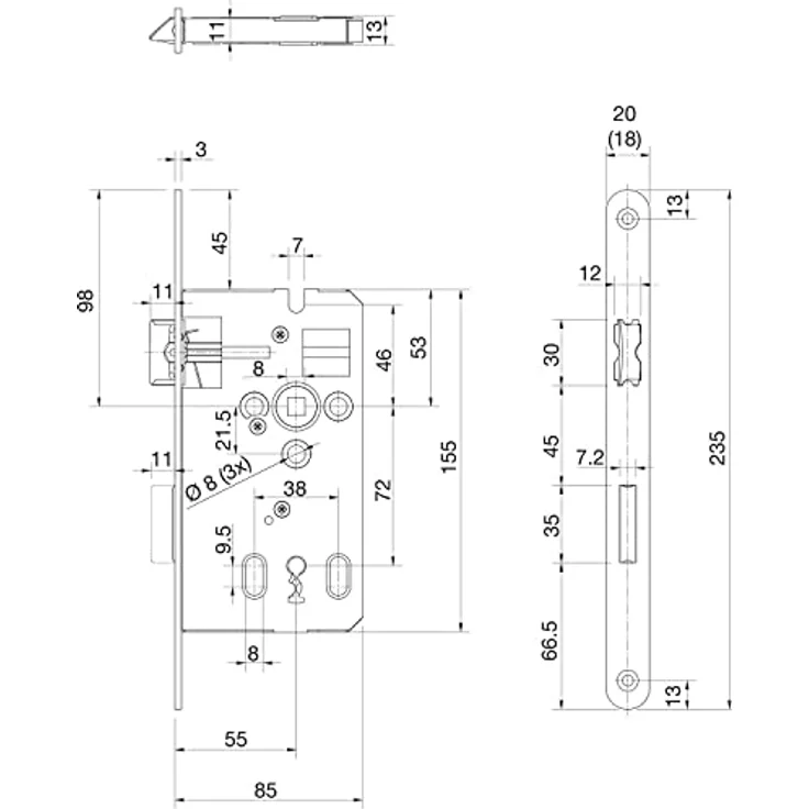 Dormakaba Einsteckschloss ergo BB, Dornmaß 55 mm, verzinkter Stahl silberfärbig, mit Rosettenlöchern und 8 mm Nuss – Bild 2