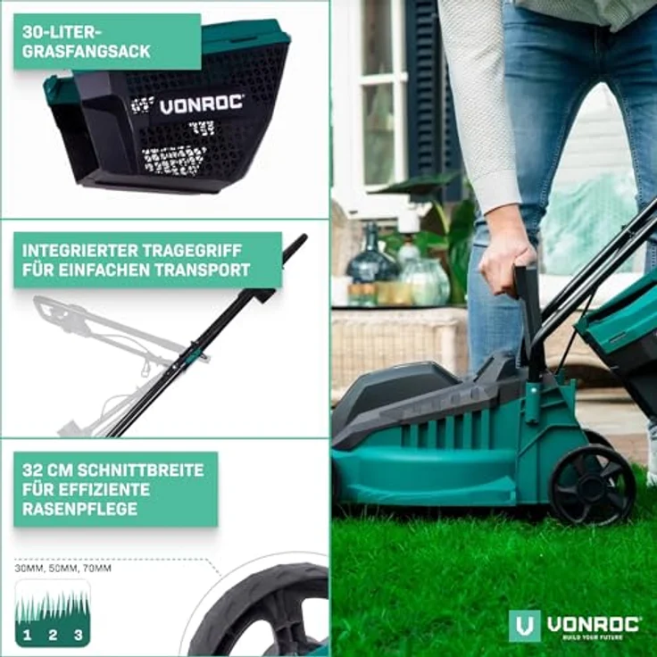 Rasenmäher – 1300 W – 32 cm Schnittbreite – 30 L Grasfangkorb mit Füllstandsanzeige – Einstellbare Schnitthöhe – Bild 5